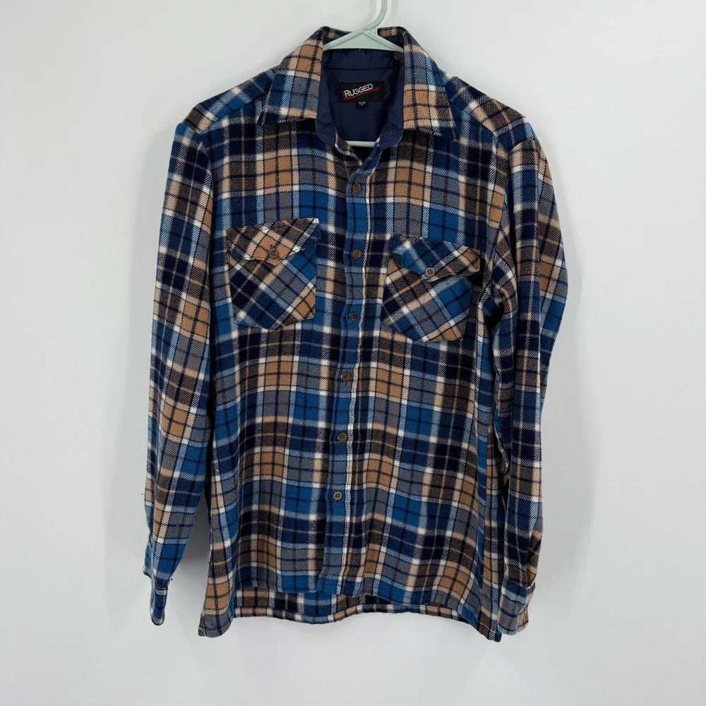 Rugged Tallman Mens Flannel Shirt Medium Plaid Front Long Sleeve Chore Barn